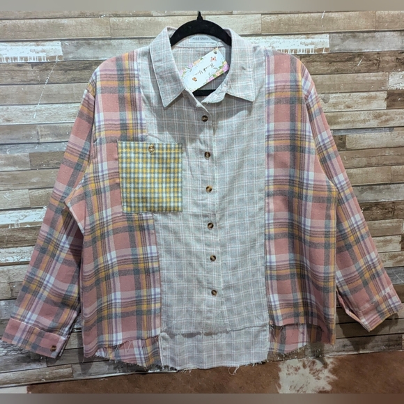 New Miss Sparkling Pink/Gray Mixed Flannel With Pocket & Raw Edge Hem - Picture 1 of 15